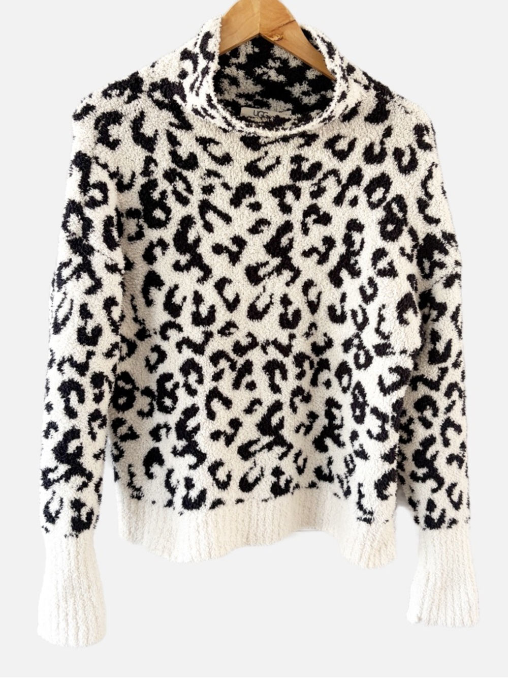 UGG Sage Snow Leopard Mock Neck Sweater Cozy Black White Sherpa Knit Size S